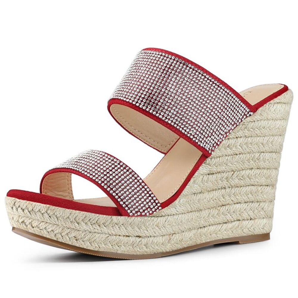 Platform Rhinestones Espadrille Wedge Sandals Red